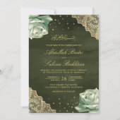 Sage Groene Rozen Gouden Kant QR Code Moslim Bruil Kaart (Voorkant)