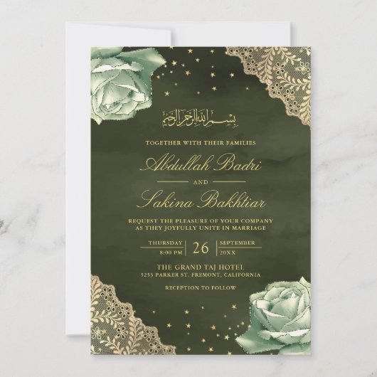 Sage Groene Rozen Gouden Kant QR Code Moslim Bruil Kaart (Voorkant)