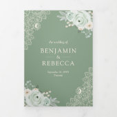 Sage Groene Rozen Kant Bloemencrème QR Code Bruilo Drieluik Uitnodiging (Cover)