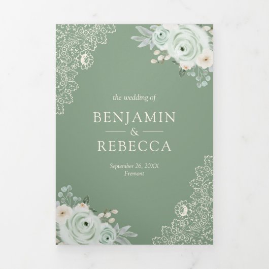 Sage Groene Rozen Kant Bloemencrème QR Code Bruilo Drieluik Uitnodiging (Cover)