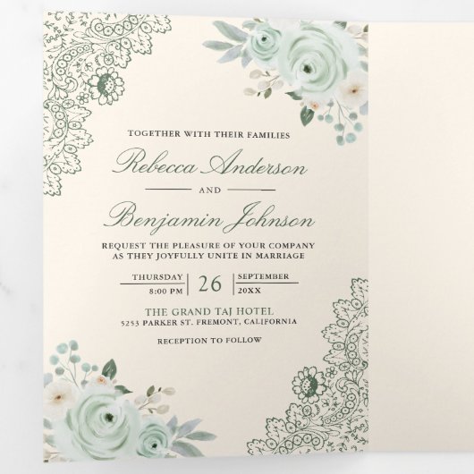 Sage Groene Rozen Kant Bloemencrème QR Code Bruilo Drieluik Uitnodiging (Binnenzijde eerst)