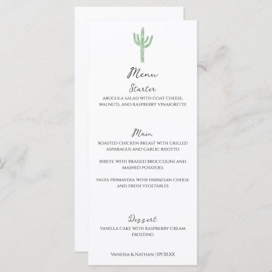 Sage Groene Saguaro Cactus Verticaal Bruiloft Menu (Voorkant / Achterkant)