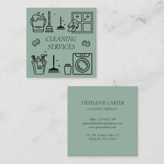 Sage Groene Schoonmakende Diensten Commercieel Bin Vierkante Visitekaartje (Voorkant / Achterkant)