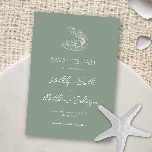 Sage Groene Shell Strand Ocean Bestemming Bruiloft Save The Date