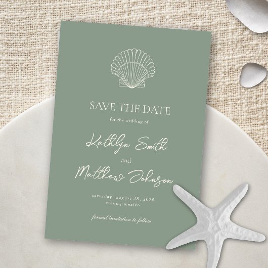 Sage Groene Shell Strand Ocean Bestemming Bruiloft Save The Date