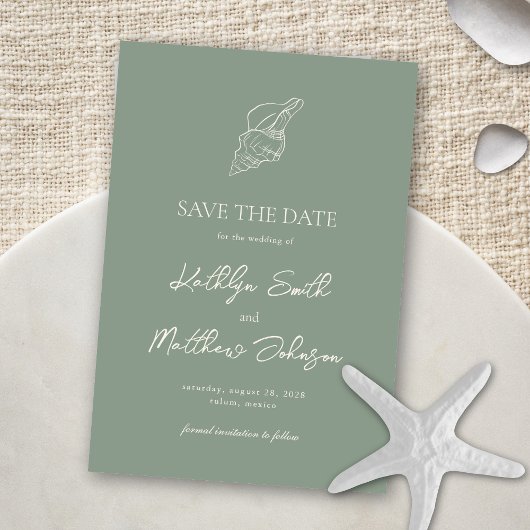 Sage Groene Shell Strand Ocean Bestemming Bruiloft Save The Date