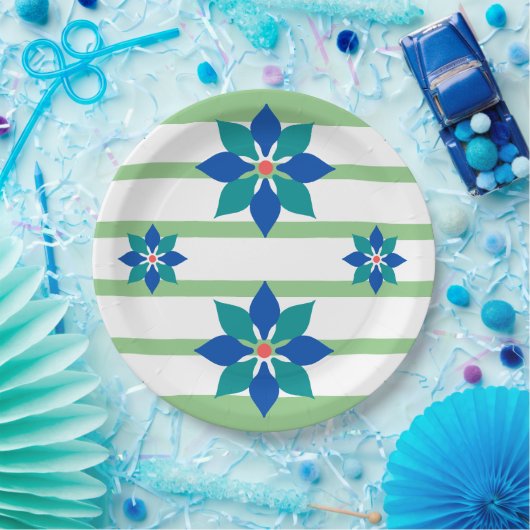 Sage Groene strepen en blauwe bloemen Papieren Bordje (Feest)