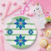 Sage Groene strepen en blauwe bloemen Papieren Bordje (Feest)