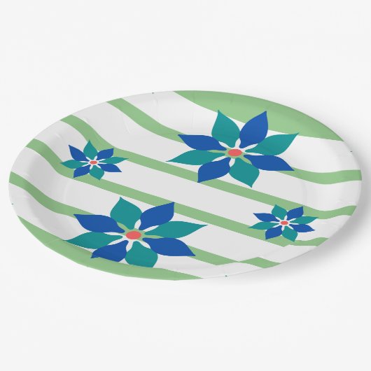 Sage Groene strepen en blauwe bloemen Papieren Bordje (Gekanteld)