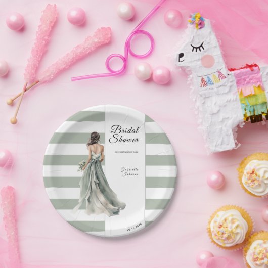 Sage Groene Strepen Waterverf Bruid Vrijgezellenfe Papieren Bordje (Feest)