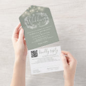 Sage Groene Strijklichten Bloemen QR Code Bruiloft All In One Uitnodiging (Afscheurbaar)