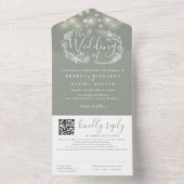 Sage Groene Strijklichten Bloemen QR Code Bruiloft All In One Uitnodiging (Binnen)