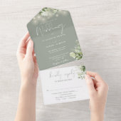 Sage Groene Strijklichten Groen Monogram Bruiloft All In One Uitnodiging (Afscheurbaar)