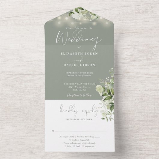 Sage Groene Strijklichten Groen Monogram Bruiloft All In One Uitnodiging (Binnen)