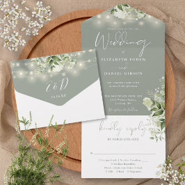 Sage Groene Strijklichten Groen Monogram Bruiloft All In One Uitnodiging