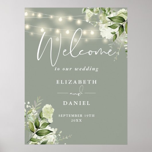 Sage Groene String Lights Bloemen Bruiloft Welkom Poster (Voorkant)
