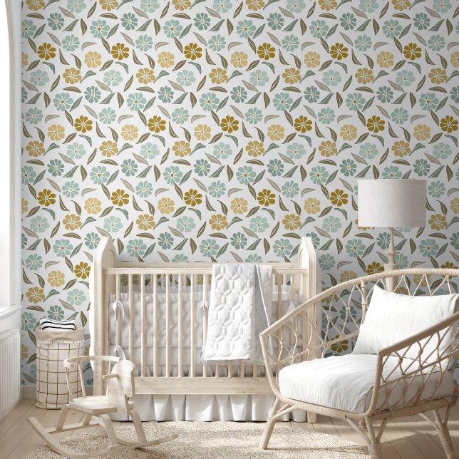 Sage groene tan retro bloemenpatroon behang (Kinderen)