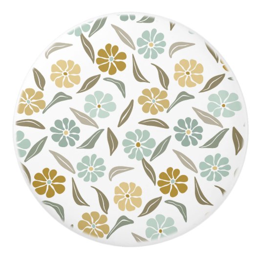 Sage groene tan retro bloemenpatroon keramische knop (Voorkant)