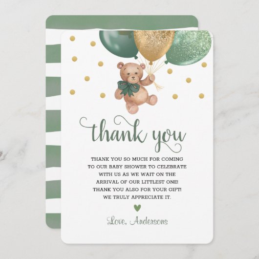 Sage Groene Teddybeer Veel Baby shower Bedankkaart (Voorkant / Achterkant)