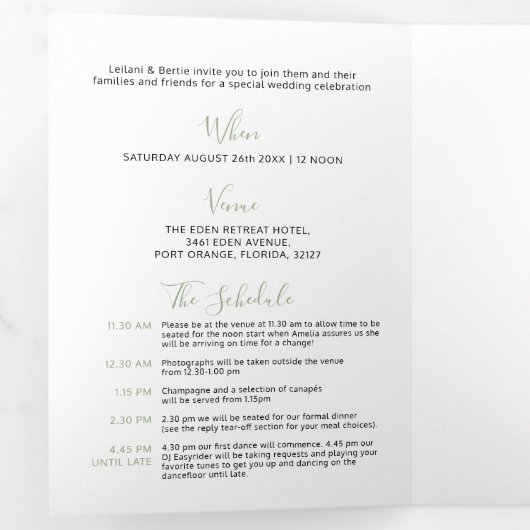 Sage groene tekst en witte bruiloft met kleine har drieluik uitnodiging (Binnenzijde eerst)