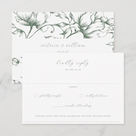 Sage Groene Tuin Bloemen Bruiloft RSVP Kaartje (Voorkant / Achterkant)