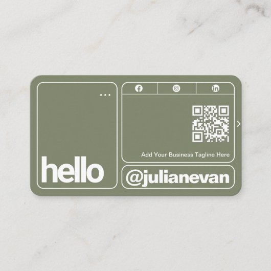 Sage Groene Typografie Scannbare QR Code Hallo Visitekaartje (Voorkant)