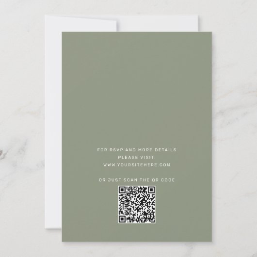 Sage groene typografie script bruiloft + QR detail Kaart (Achterkant)