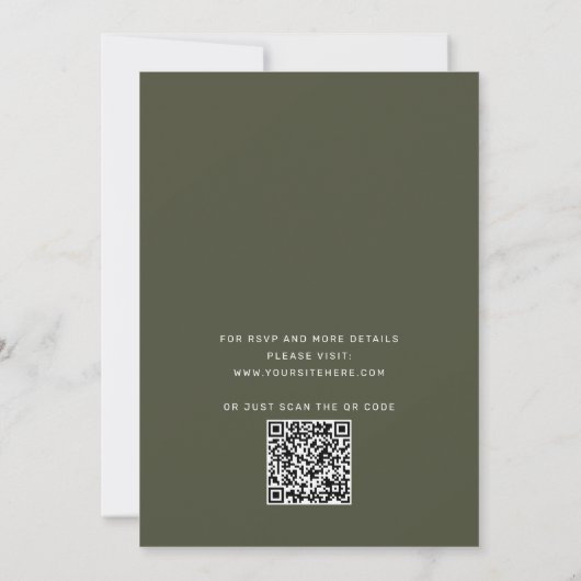 Sage groene typografie script bruiloft + QR detail Kaart (Achterkant)