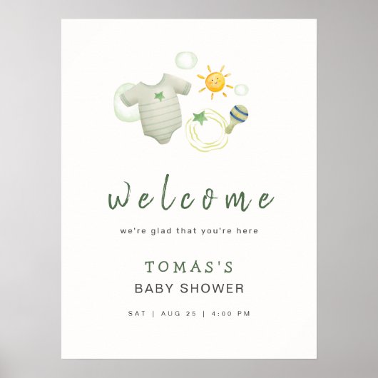 Sage Groene Waterverf Babykleding Welkomstbord Poster (Voorkant)