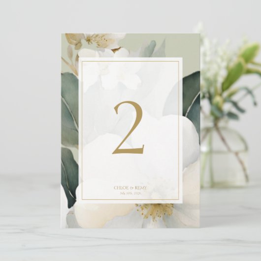 Sage Groene Waterverf Bloem Trouwtafel Nummer (Staand voorkant)