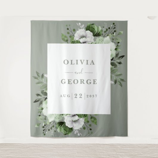 Sage Groene Waterverf Bloemen Foto Booth Achtergro Wandkleed (Voorkant)