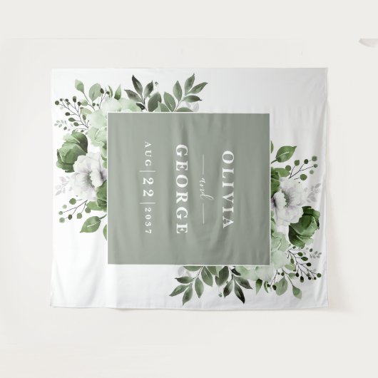 Sage Groene Waterverf Bloemen Foto Booth Achtergro Wandkleed (Voorkant (horizontaal))