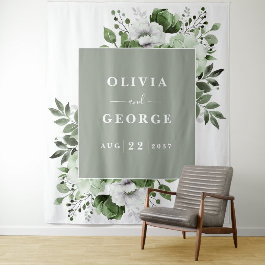 Sage Groene Waterverf Bloemen Foto Booth Achtergro Wandkleed (In situ)