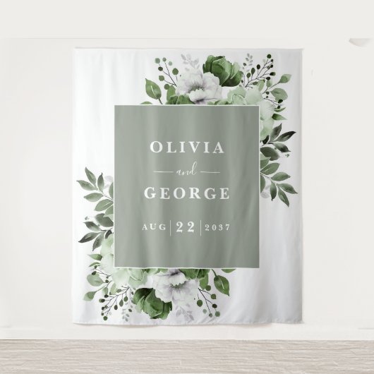 Sage Groene Waterverf Bloemen Foto Booth Achtergro Wandkleed (Voorkant)