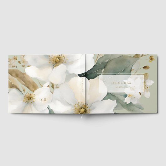 Sage Groene Waterverf Flower & Foliage Bruiloft Gastenboek (Volledig)