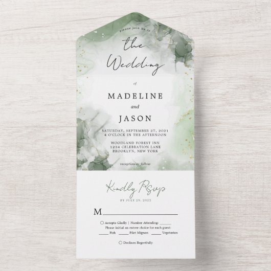 Sage Groene Waterverf Gouden Splash Bruiloft All In One Uitnodiging (Binnen)
