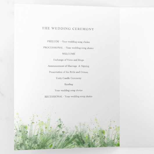 Sage groene waterverf groene bruinbruidbruiloft drieluik programma (Binnenzijde eerst)