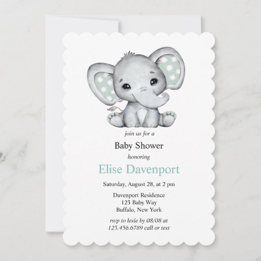 Sage Groene Waterverf Olifant Baby shower Kaart (Voorkant)