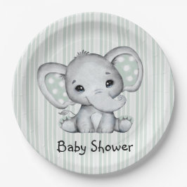 Sage Groene Waterverf Olifant Neutraal Baby shower Papieren Bordje