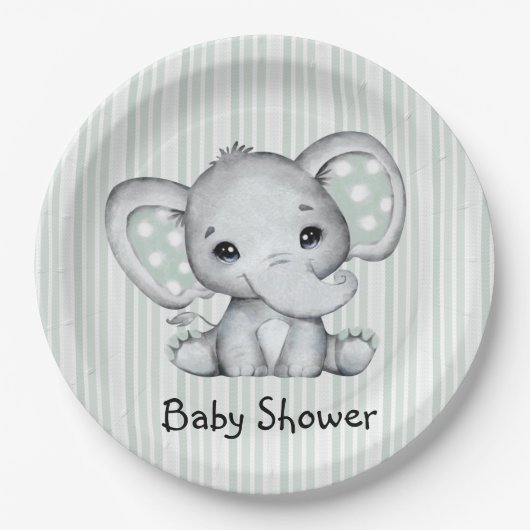 Sage Groene Waterverf Olifant Neutraal Baby shower Papieren Bordje (Voorkant)