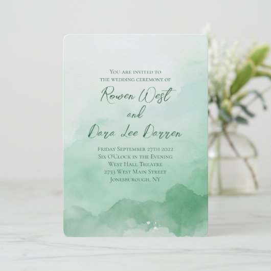 Sage Groene Waterverf Ombre Schilderbruiloft Kaart (Staand voorkant)
