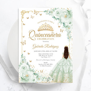 Sage Groene Waterverf Rozen Gouden Quinceanera Kaart