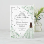 Sage Groene Waterverf Rozen Zilver Quinceanera Kaart (Staand voorkant)