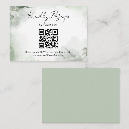 Sage Groene Waterverf Script Bruiloft QR Code RSVP Informatiekaartje (Voorkant / Achterkant)