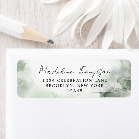 Sage Groene Waterverf Splash Script Retouradres Etiket (Insitu)