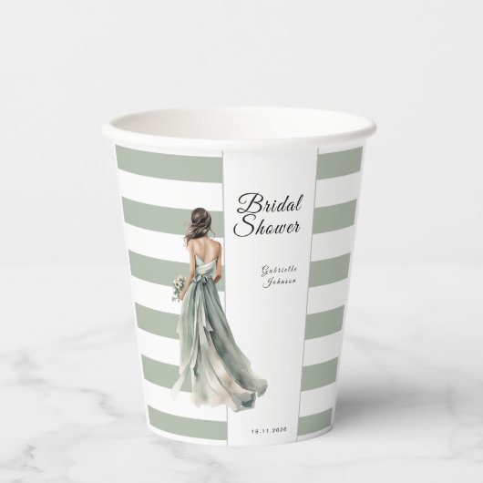 Sage groene waterverf strepen boho vrijgezellenfee papieren bekers (Voorkant)
