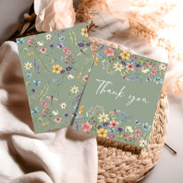 Sage Groene Waterverf Vlinder & Wildflower Bedankkaart