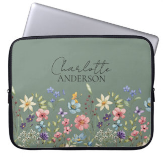Sage Groene Waterverf Wildflower Naam Monogram Laptop Sleeve