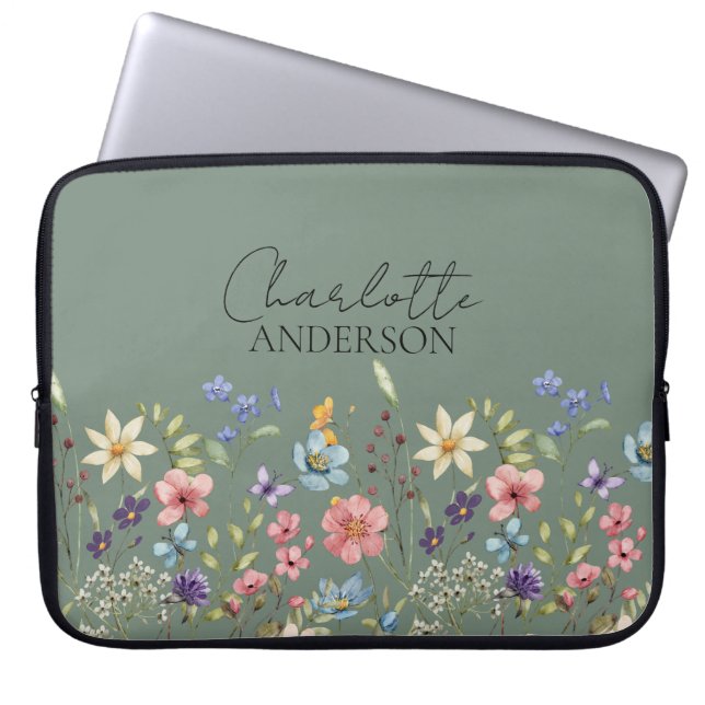 Sage Groene Waterverf Wildflower Naam Monogram Laptop Sleeve (Voorkant)