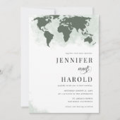 Sage Groene Wereldkaart QR Code Bestemming Bruilof Kaart (Voorkant)